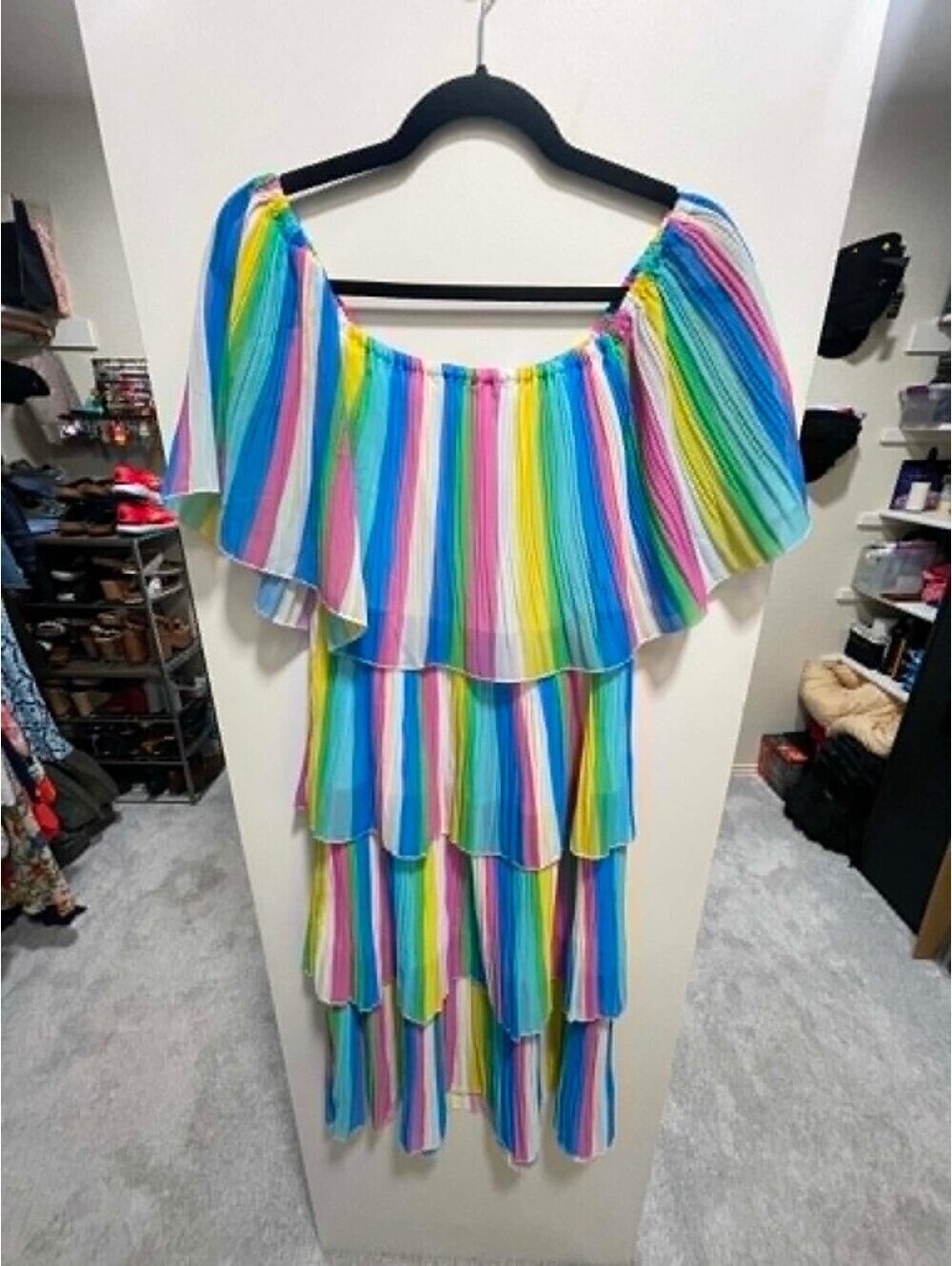 LIKE NEW Sz L Rainbow Stripe Off-Shoulder Tiered Ruffle Pleated Chiffon - Picture 3 of 7